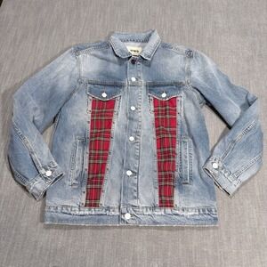 HWD Mens Light Wash Denim Trucker Jacket Red Plaid Studded Distressed Medium